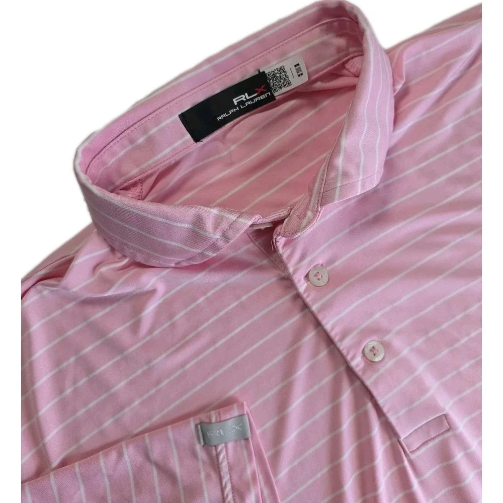 RLX Ralph Lauren Polo Shirt Mens Pink White Stripe Performance‎ Golf Wicking